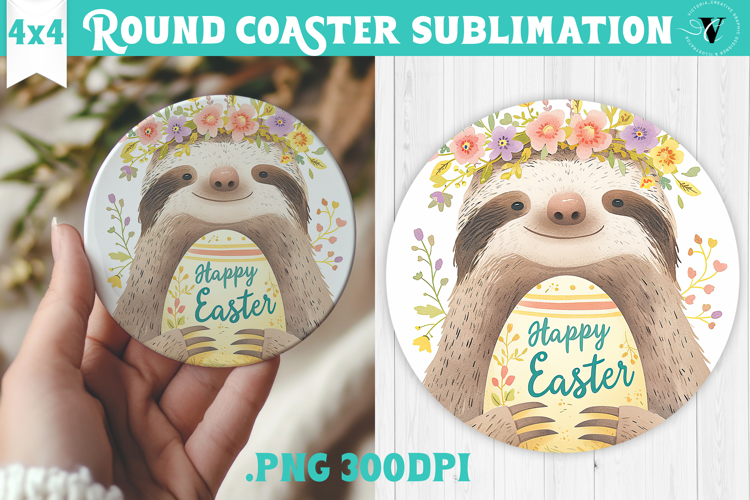 Easter Round Coaster | Watercolor Sloth | Happy Easter