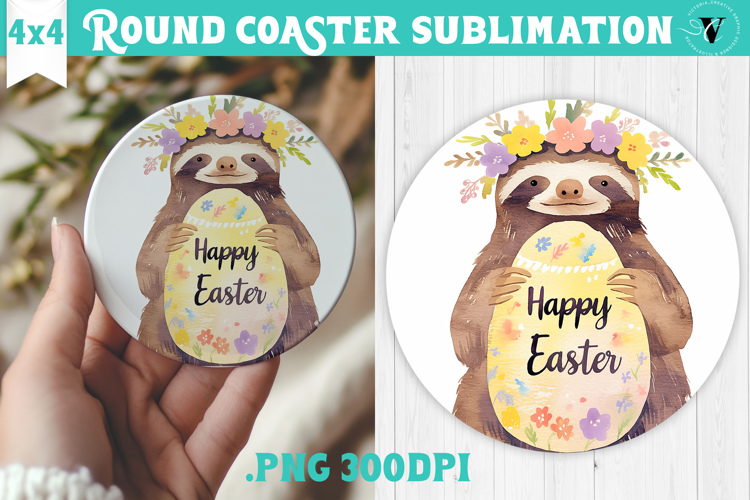 Easter Round Coaster | Watercolor Sloth | Happy Easter