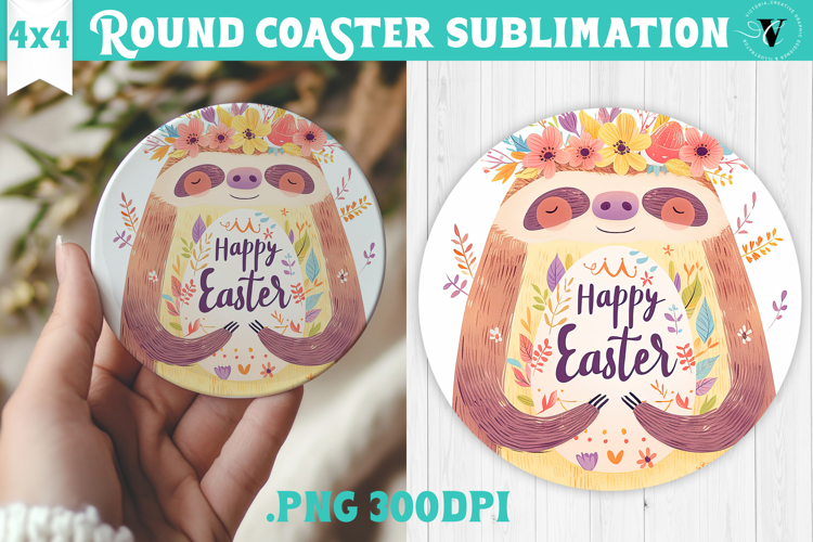 Easter Round Coaster | Watercolor Sloth | Happy Easter