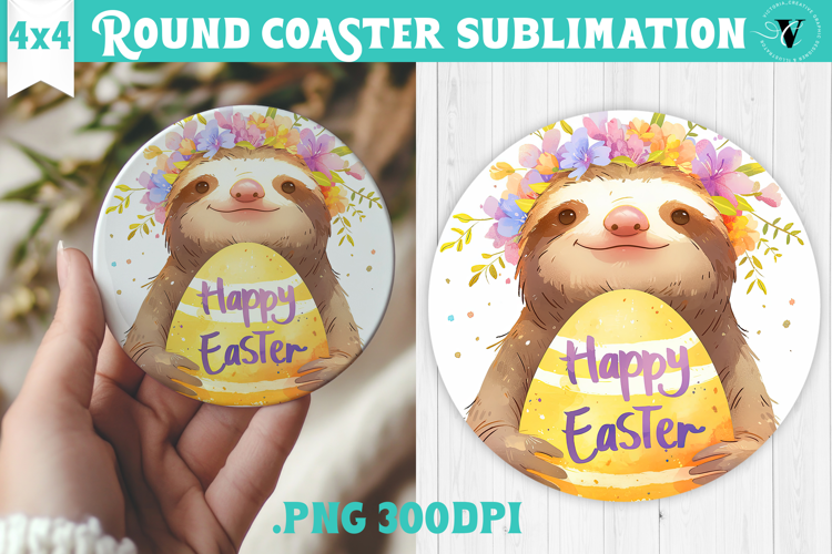 Easter Round Coaster | Watercolor Sloth | Happy Easter