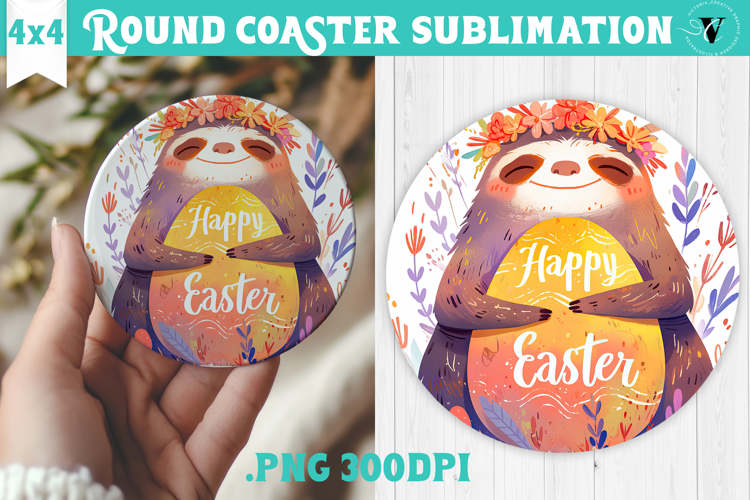 Easter Round Coaster | Watercolor Sloth | Happy Easter