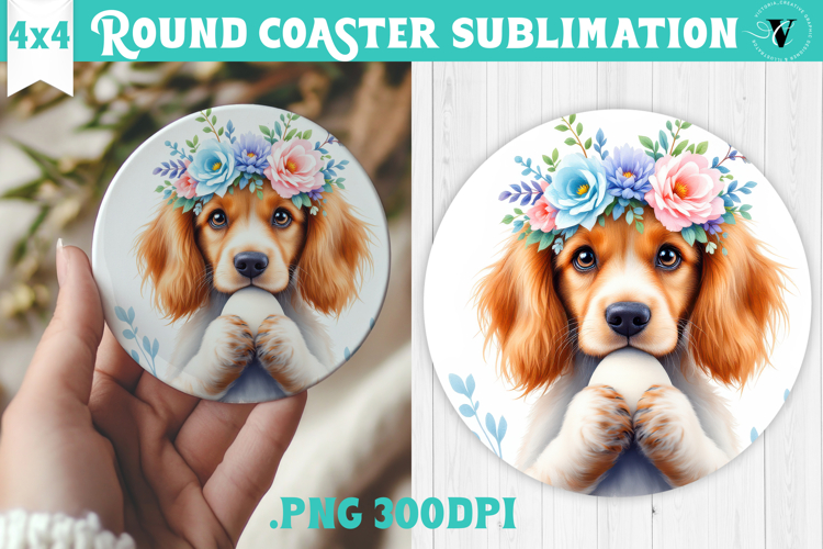 Easter Round Coaster | Watercolor Dog | Happy Easter example image 1