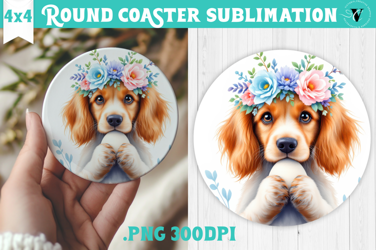 Easter Round Coaster | Watercolor Dog | Happy Easter