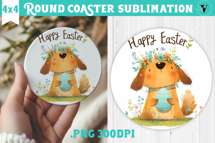 Easter Round Coaster | Watercolor Dog | Happy Easter