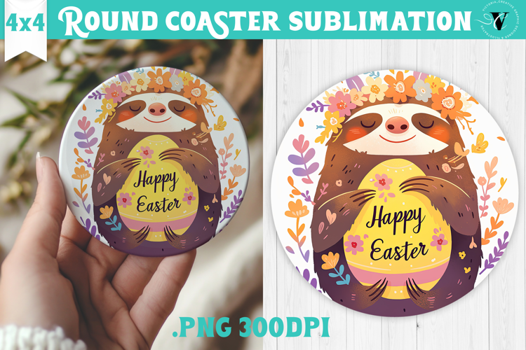 Easter Round Coaster | Watercolor Sloth | Happy Easter