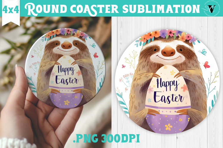 Easter Round Coaster | Watercolor Sloth | Happy Easter