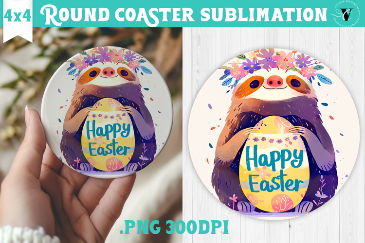 Easter Round Coaster | Watercolor Sloth | Happy Easter