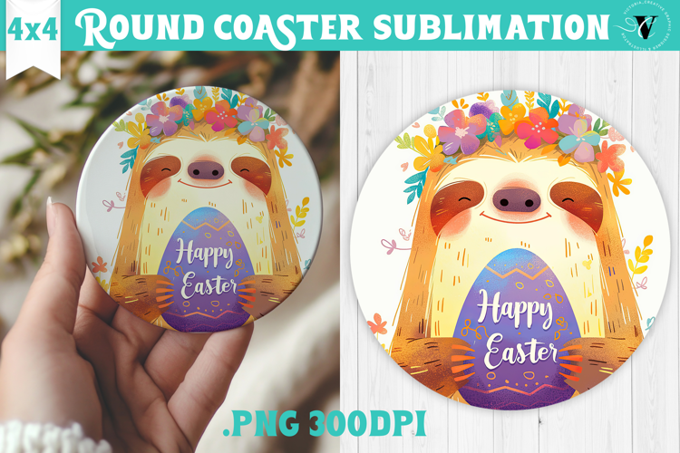Easter Round Coaster | Watercolor Sloth | Happy Easter
