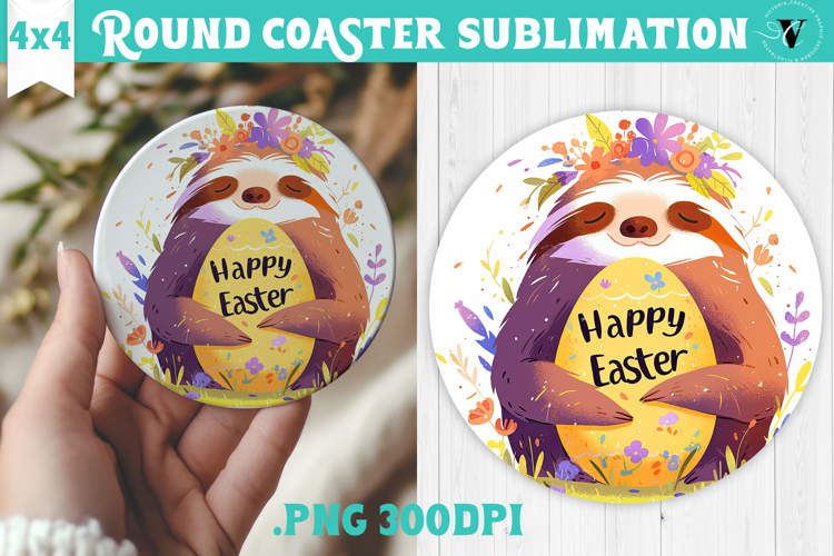 Easter Round Coaster | Watercolor Sloth | Happy Easter