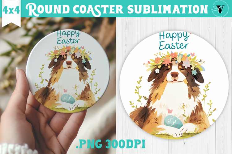 Easter Round Coaster | Watercolor Dog | Happy Easter