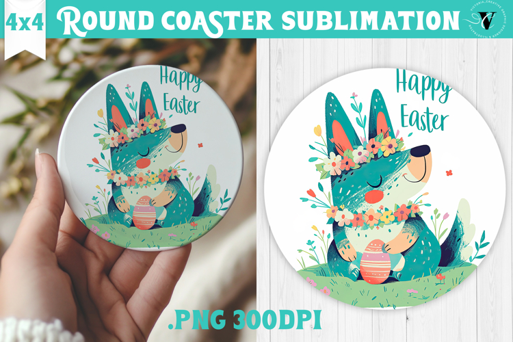 Easter Round Coaster | Watercolor Dog | Happy Easter example image 1