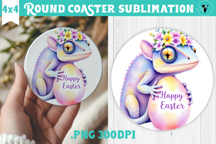 Easter Round Coaster | Watercolor Chameleon | Happy Easter