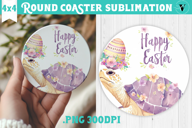 Easter Round Coaster | Watercolor Turtle | Happy Easter