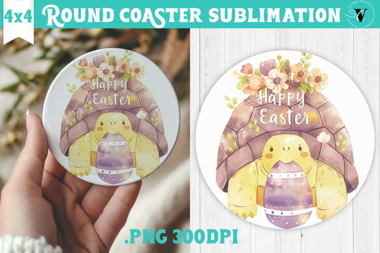 Easter Round Coaster | Watercolor Turtle | Happy Easter