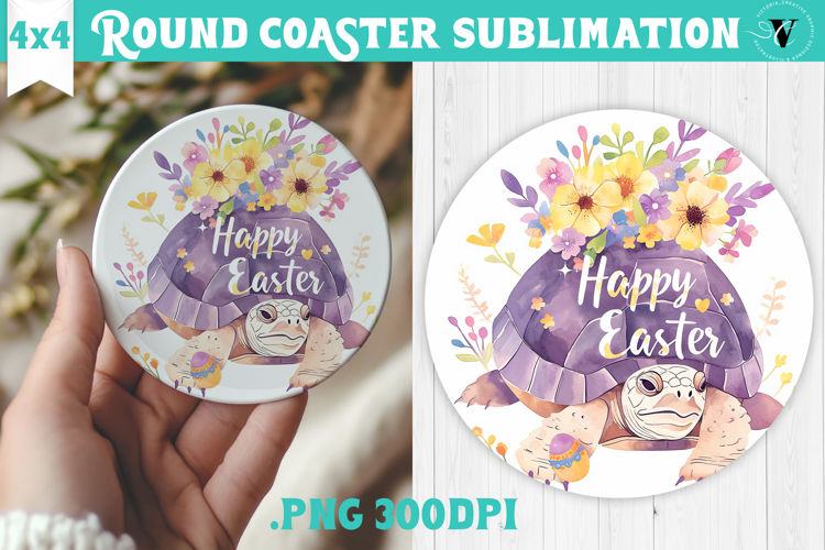 Easter Round Coaster | Watercolor Turtle | Happy Easter