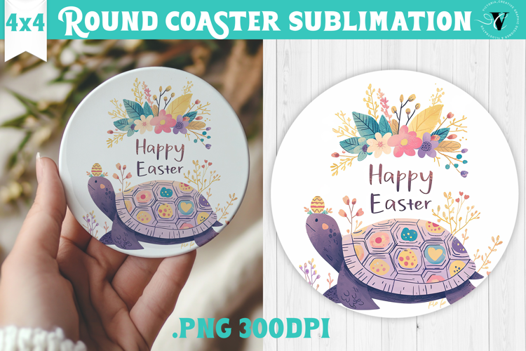 Easter Round Coaster | Watercolor Turtle | Happy Easter