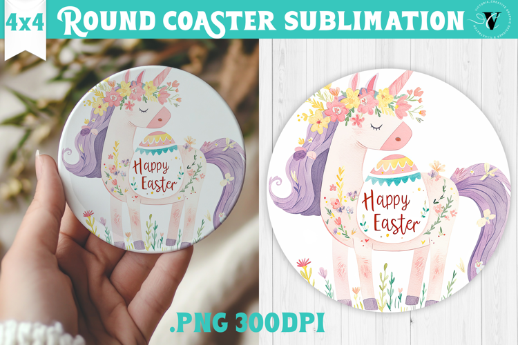 Easter Round Coaster | Watercolor Unicorn | Happy Easter