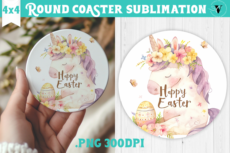 Easter Round Coaster | Watercolor Unicorn | Happy Easter