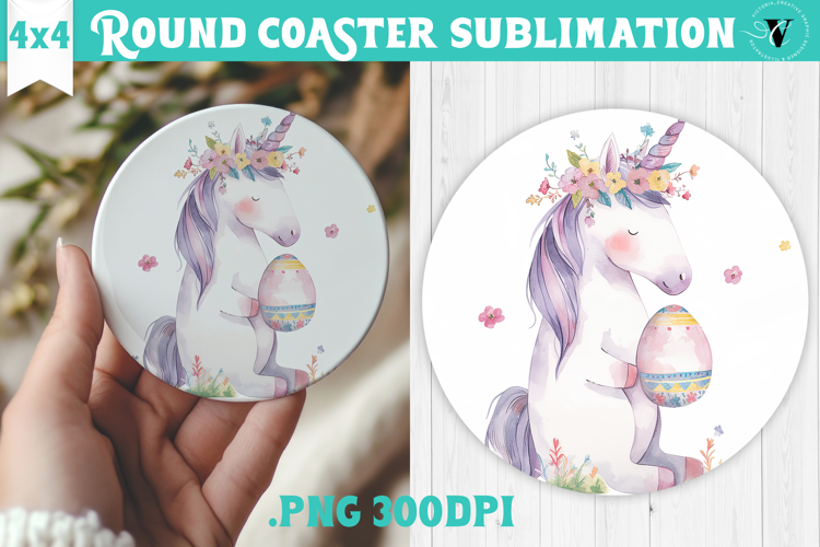 Easter Round Coaster | Watercolor Unicorn | Happy Easter