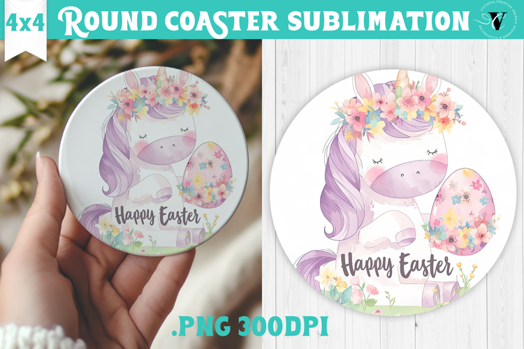 Easter Round Coaster | Watercolor Unicorn | Happy Easter