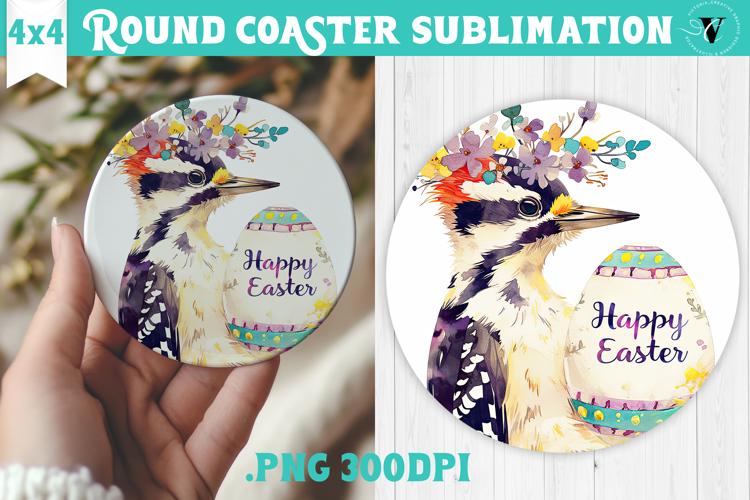 Easter Round Coaster | Watercolor Woodpecker | Happy Easter