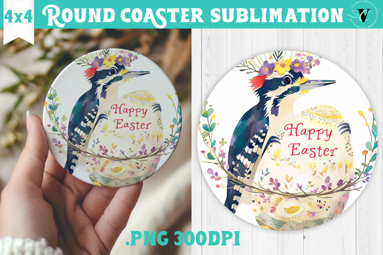 Easter Round Coaster | Watercolor Woodpecker | Happy Easter