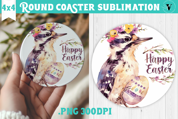 Easter Round Coaster | Watercolor Woodpecker | Happy Easter