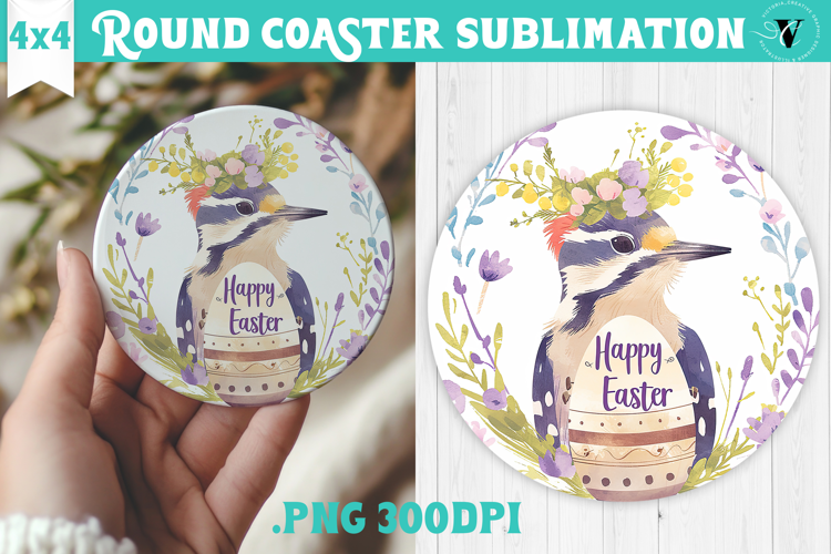 Easter Round Coaster | Watercolor Woodpecker | Happy Easter