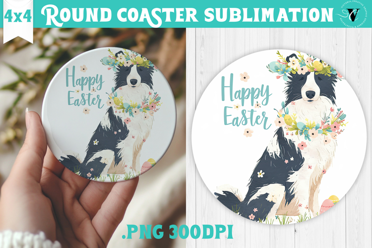 Easter Round Coaster | Watercolor Dog | Happy Easter example image 1