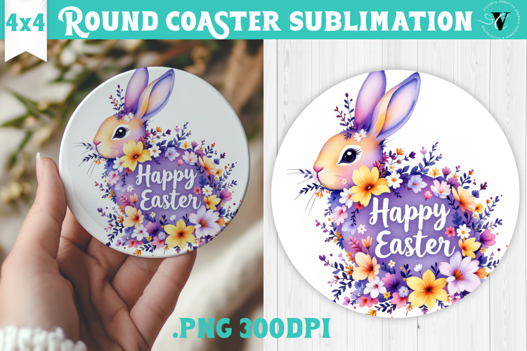 Easter Round Coaster | Watercolor Bunny | Happy Easter