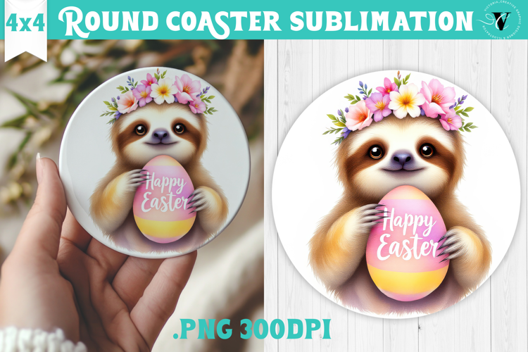 Easter Round Coaster | Watercolor Sloth | Happy Easter