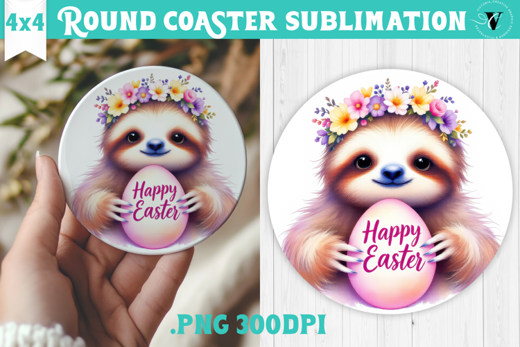 Easter Round Coaster | Watercolor Sloth | Happy Easter
