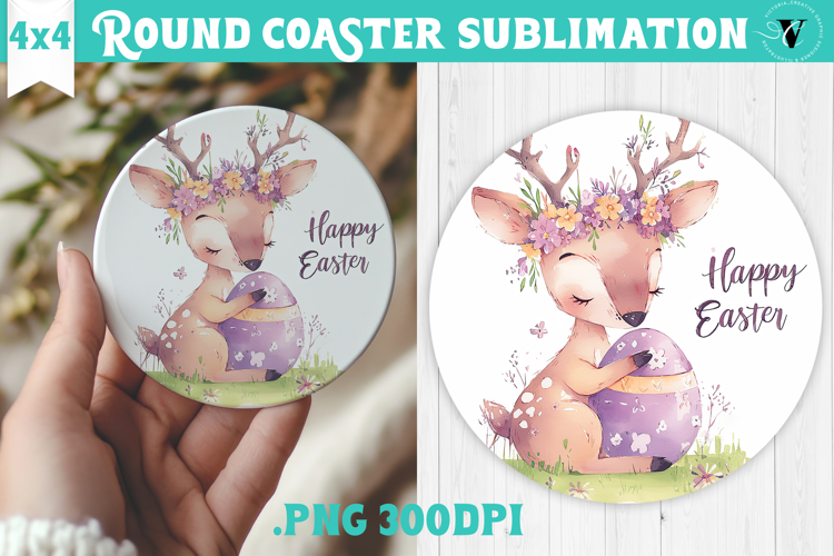 Easter Round Coaster | Watercolor Reindeer | Happy Easter