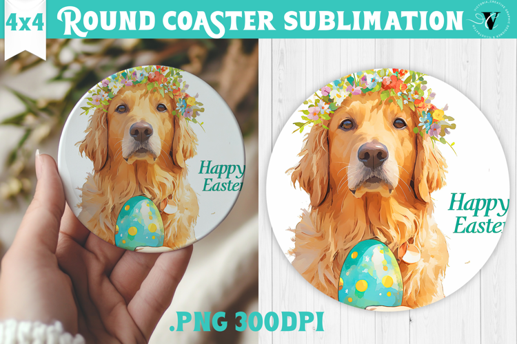 Easter Round Coaster | Watercolor Dog | Happy Easter