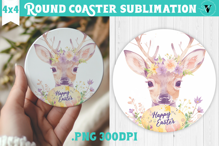 Easter Round Coaster | Watercolor Reindeer | Happy Easter