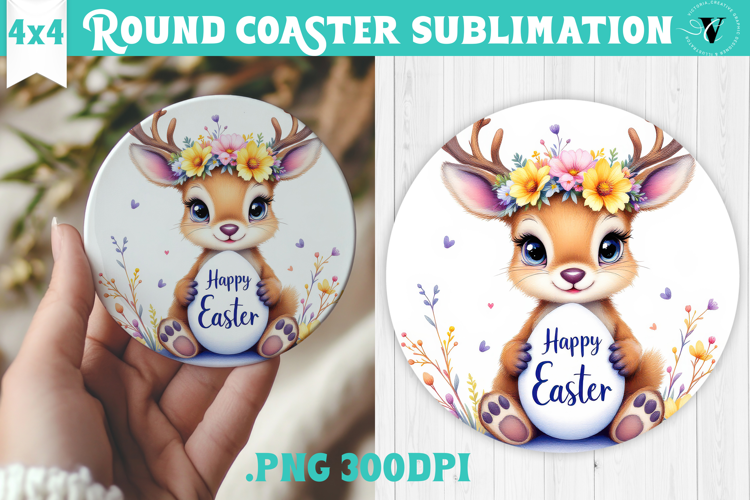 Easter Round Coaster | Watercolor Reindeer | Happy Easter