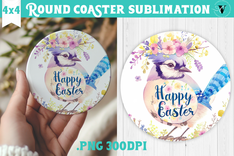 Easter Round Coaster | Watercolor Blue Jay | Happy Easter