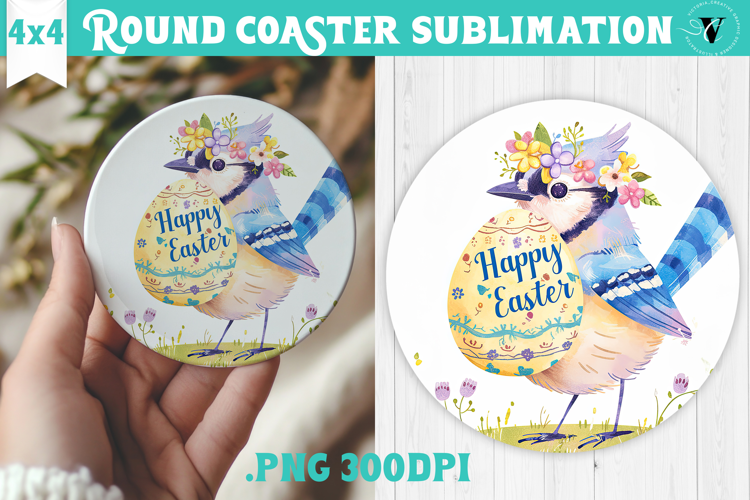 Easter Round Coaster | Watercolor Blue Jay | Happy Easter