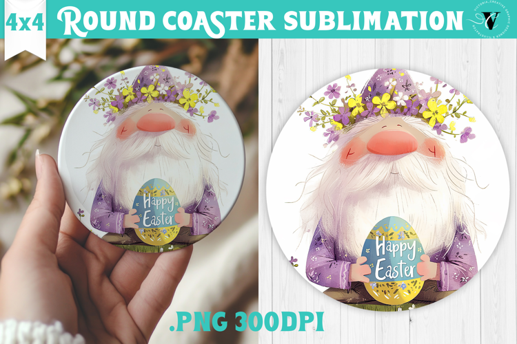 Easter Round Coaster | Watercolor Gnome | Happy Easter