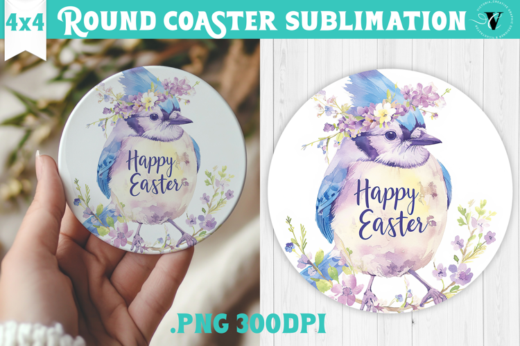 Easter Round Coaster | Watercolor Blue Jay | Happy Easter