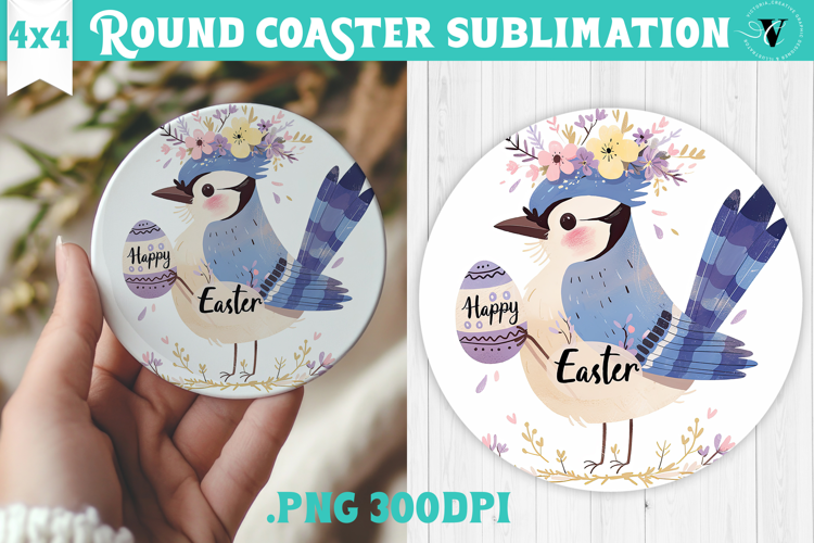 Easter Round Coaster | Watercolor Blue Jay | Happy Easter