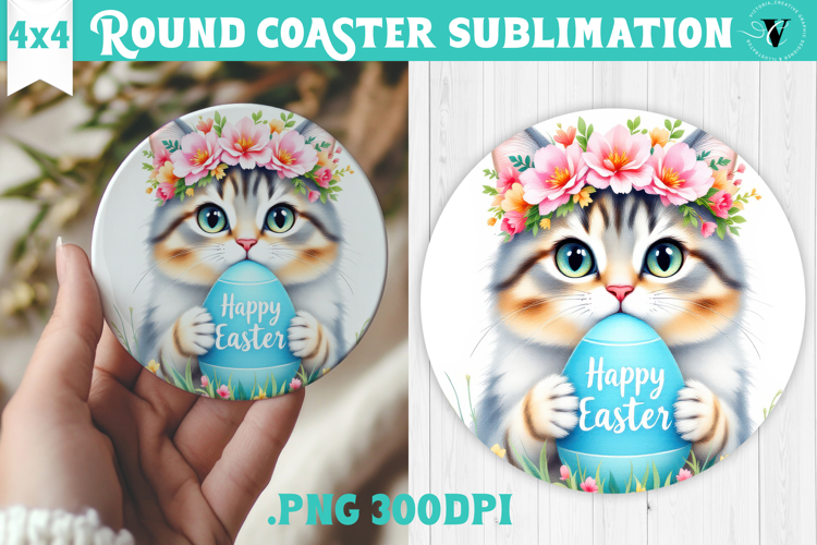 Easter Round Coaster | Watercolor Cat | Happy Easter