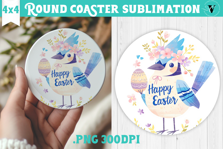 Easter Round Coaster | Watercolor Blue Jay | Happy Easter