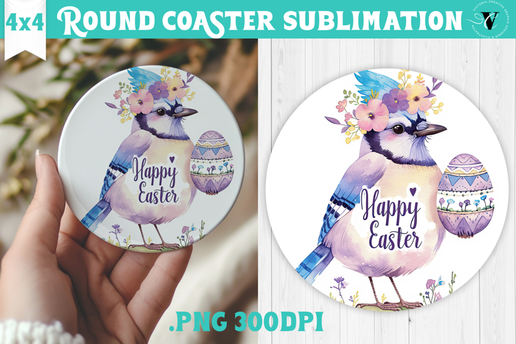Easter Round Coaster | Watercolor Blue Jay | Happy Easter