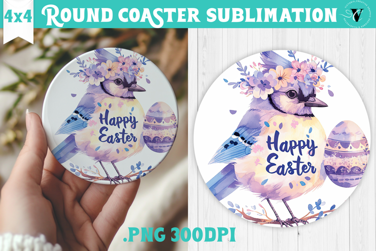 Easter Round Coaster | Watercolor Blue Jay | Happy Easter