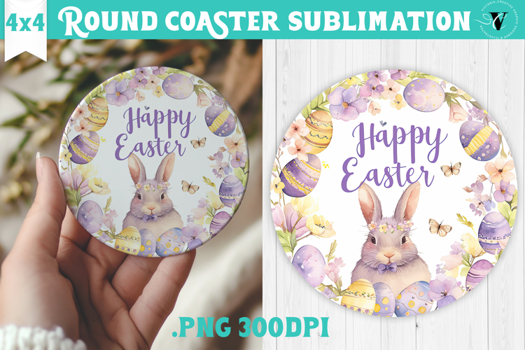 Easter Round Coaster | Watercolor Bunny | Happy Easter
