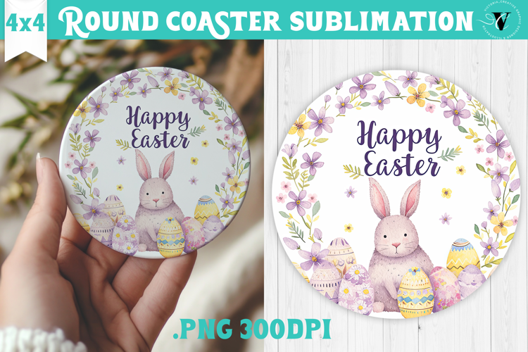 Easter Round Coaster | Watercolor Bunny | Happy Easter
