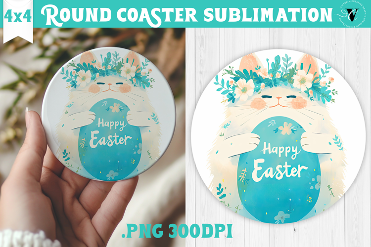Easter Round Coaster | Watercolor Cat | Happy Easter