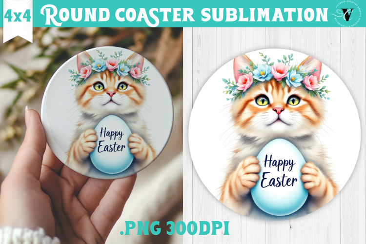 Easter Round Coaster | Watercolor Cat | Happy Easter