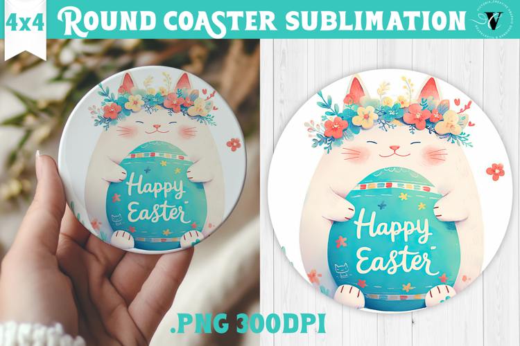 Easter Round Coaster | Watercolor Cat | Happy Easter